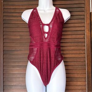 Burgundy Lace One-Piece Swimsuit